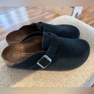 White Mountain Black Suede Mules with Metallic Buckle